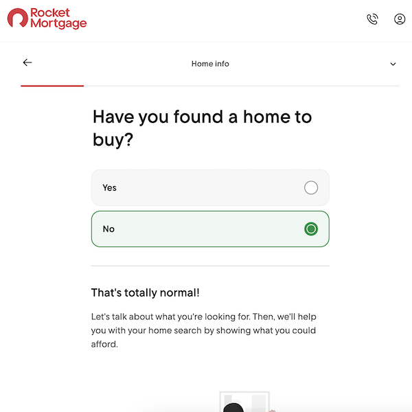screenshot of mortgage purchase application screen